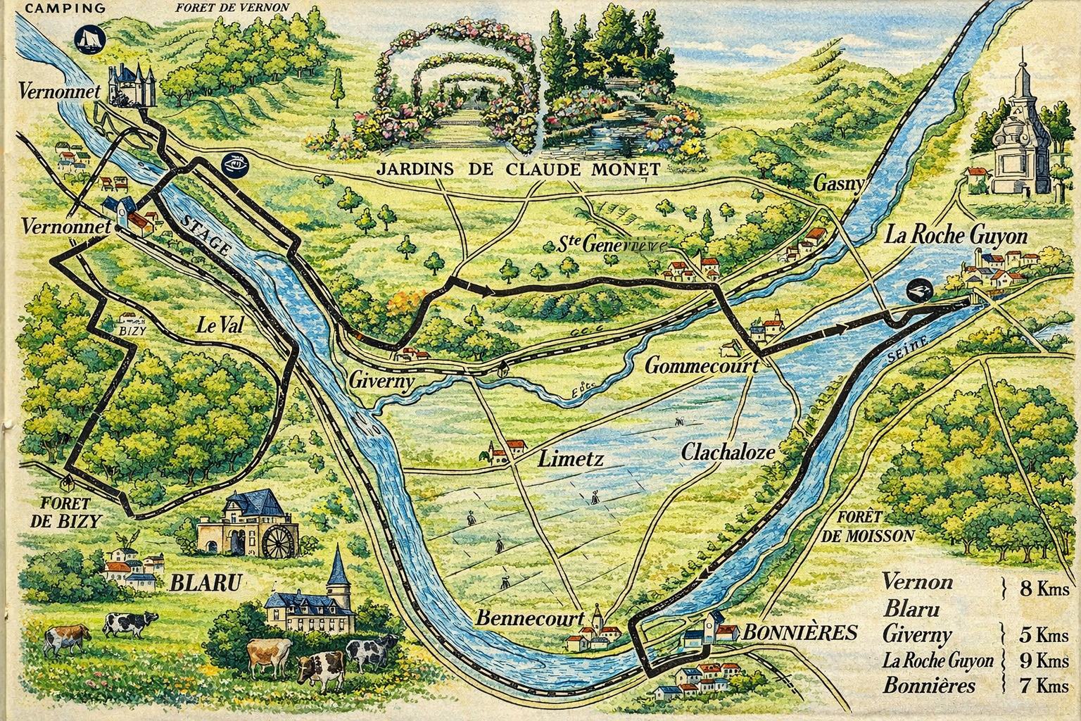 Carte de randonnée cycliste de 1938 montrant Gommecourt et ses environs