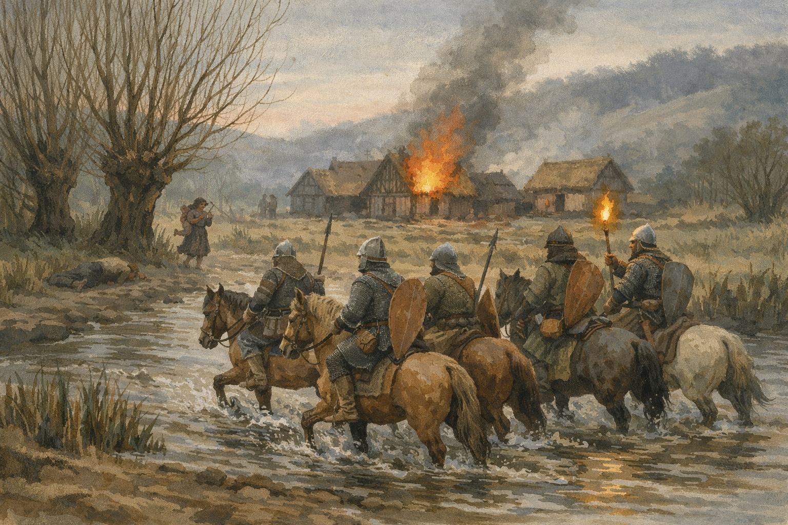 Le raid des gens d'Écos traversant l'Epte à l'aube