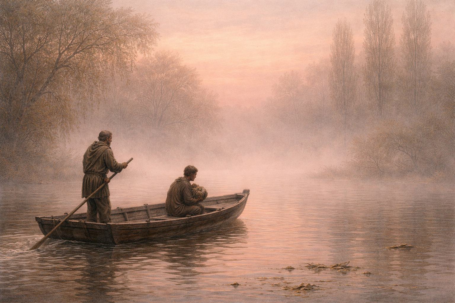 La traversée de la Seine en barque dans le brouillard