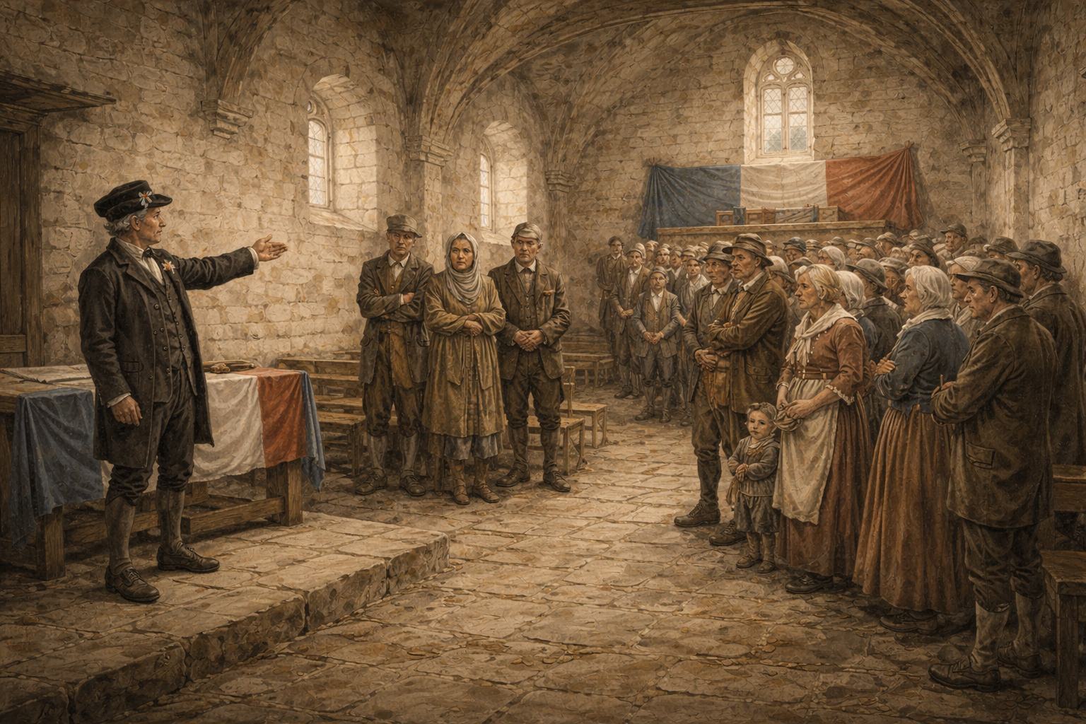 L'assemblée des citoyens de Gommecourt votant le partage des terres communales dans le temple de la Raison, mai 1794