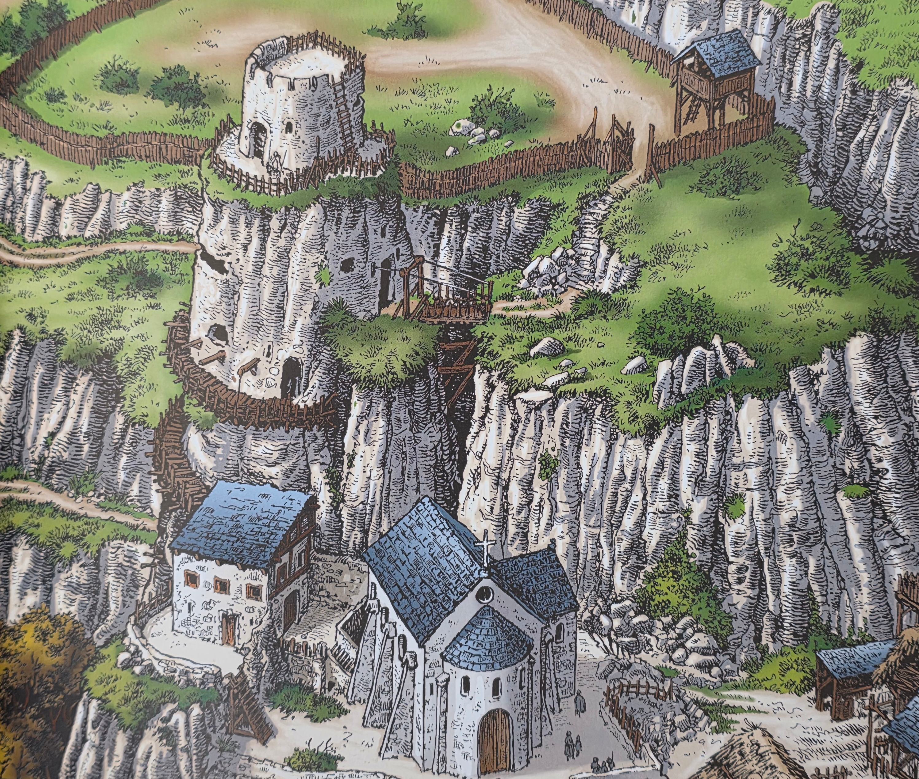 Le château de La Roche-Guyon vers 1250, vu depuis la Seine, avec le donjon à sa hauteur d'origine