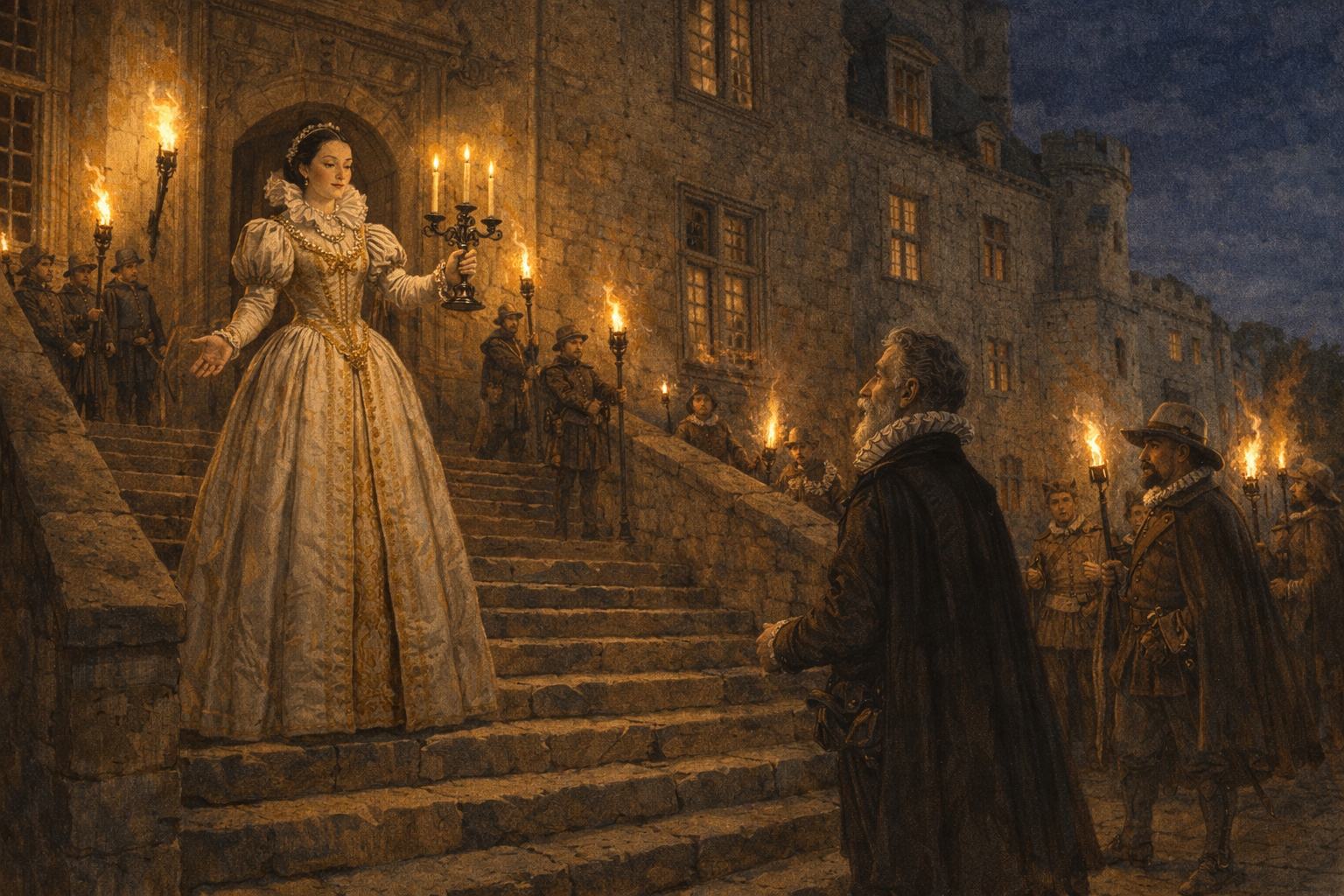 Henri IV accueilli par Antoinette de Pons à l'entrée du château illuminé de torches, vers 1595