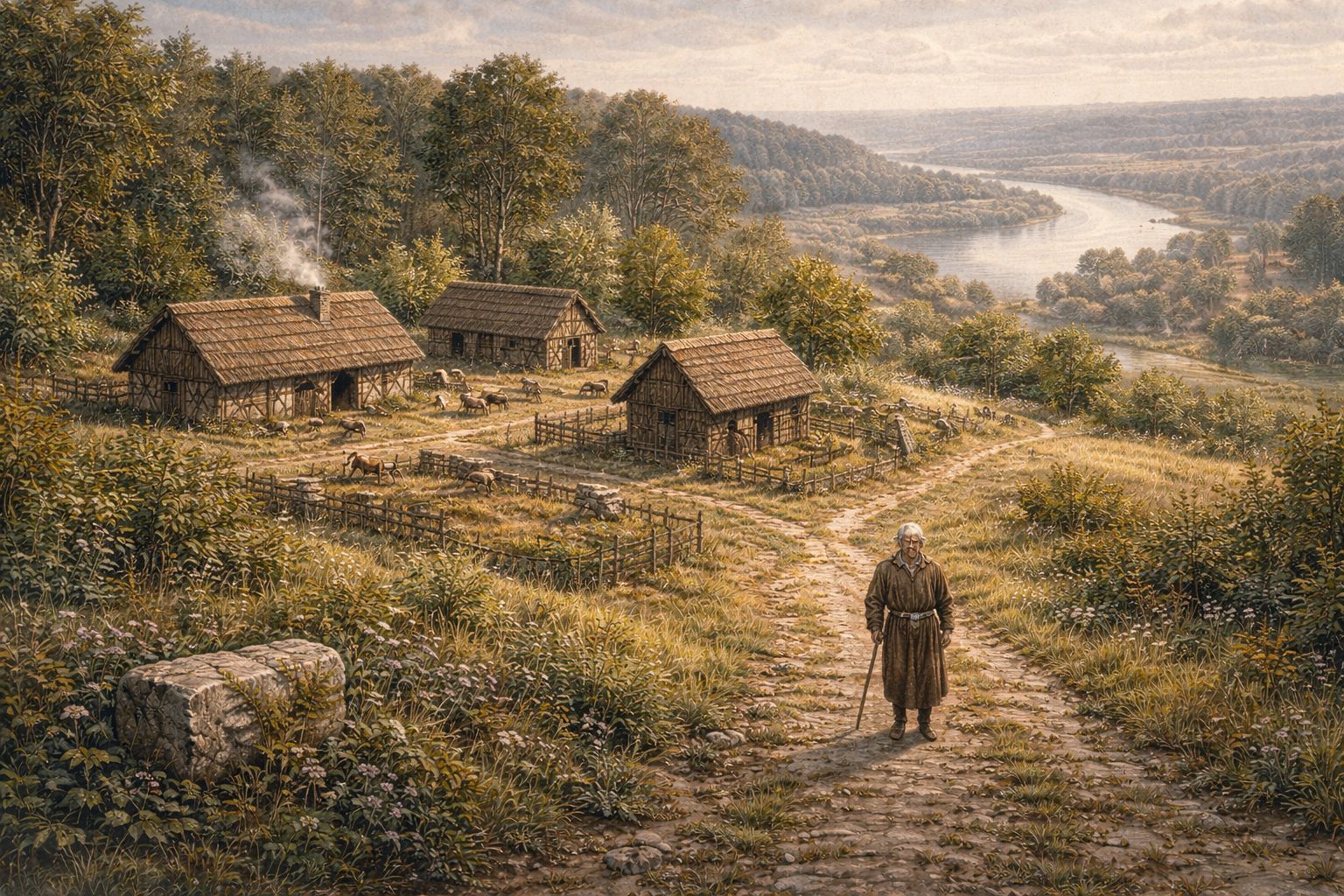 Reconstitution : un domaine franc au confluent de la Seine et de l'Epte au début du VIe siècle, avec maisons de bois et ancien chemin romain