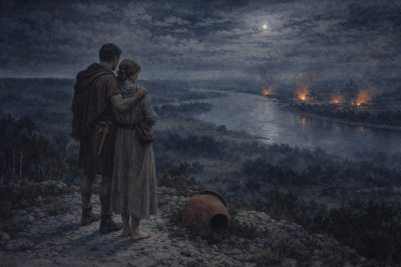 Une nuit de 275-276 : depuis le plateau du Vexin, les lueurs d'incendies de villae se reflètent dans les nuages