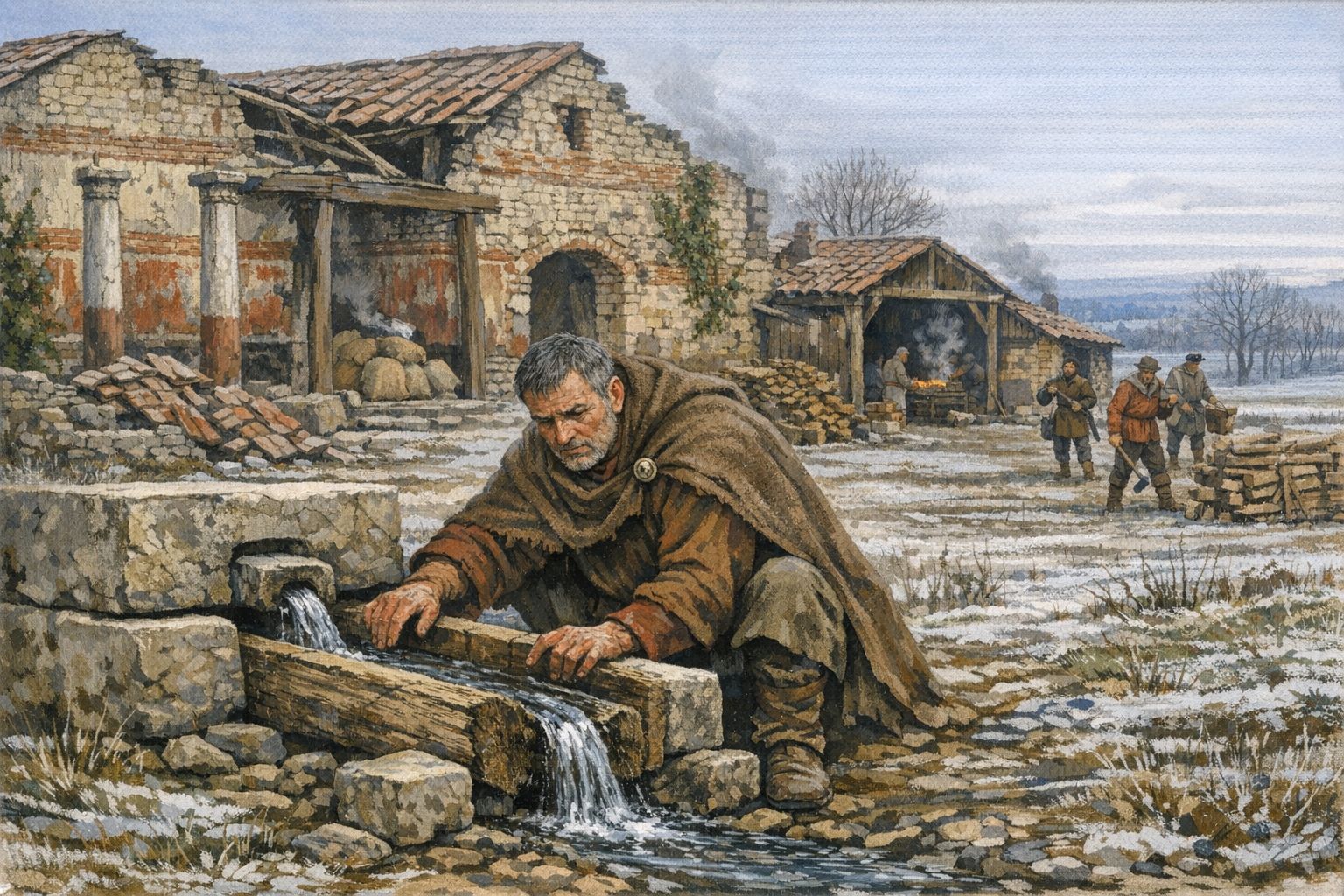 Reconstitution : un régisseur gallo-romain inspecte les réparations de fortune d'une villa en déclin au début du IVe siècle