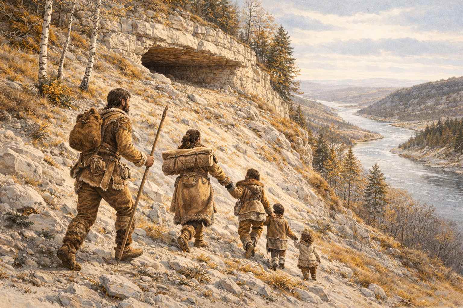 Reconstitution de l'arrivée d'un groupe de chasseurs magdaléniens au pied de l'abri de La Côte Masset