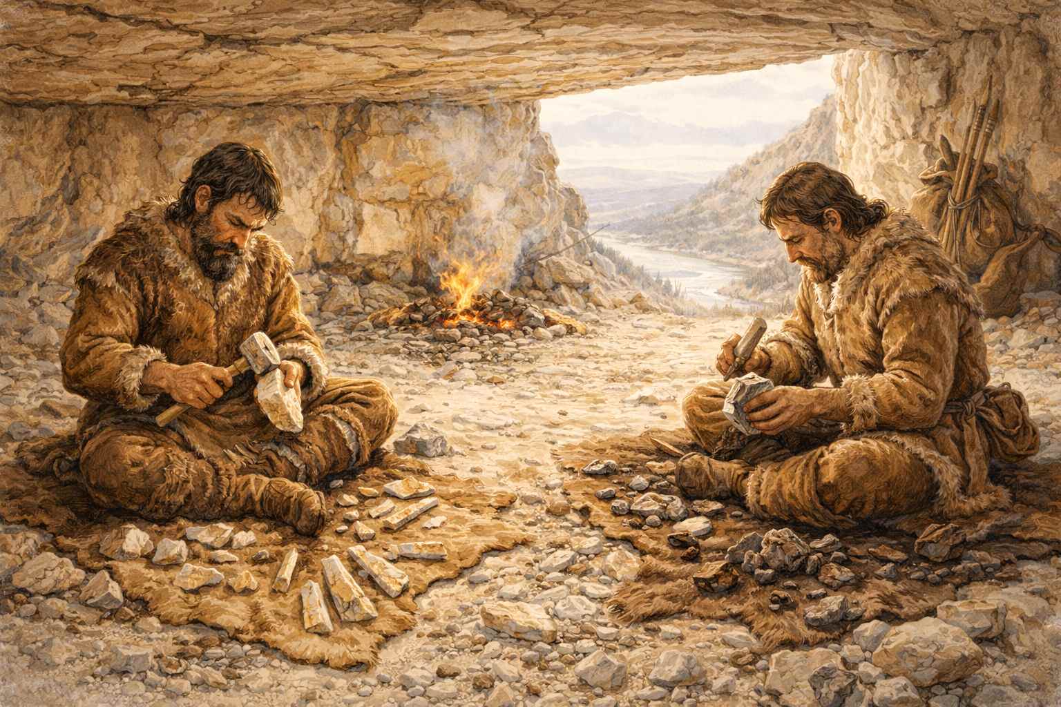 Reconstitution de la taille du silex sous l'abri de La Côte Masset