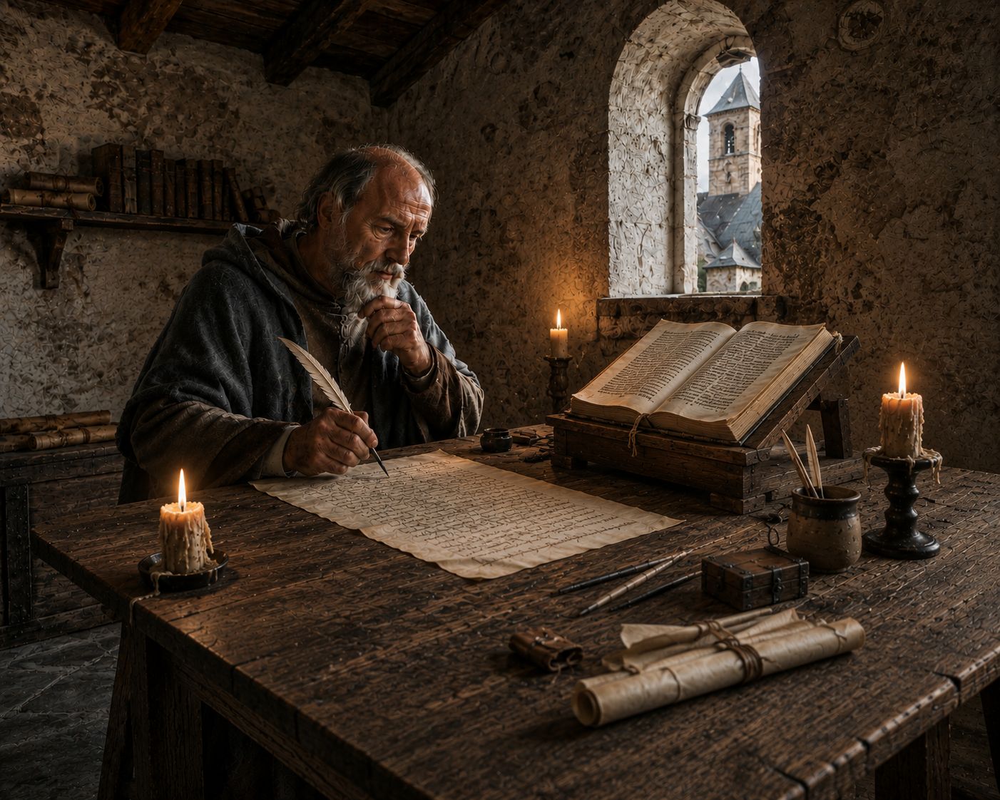 Clerc écrivant dans un scriptorium vers l'an mil, entouré de parchemins