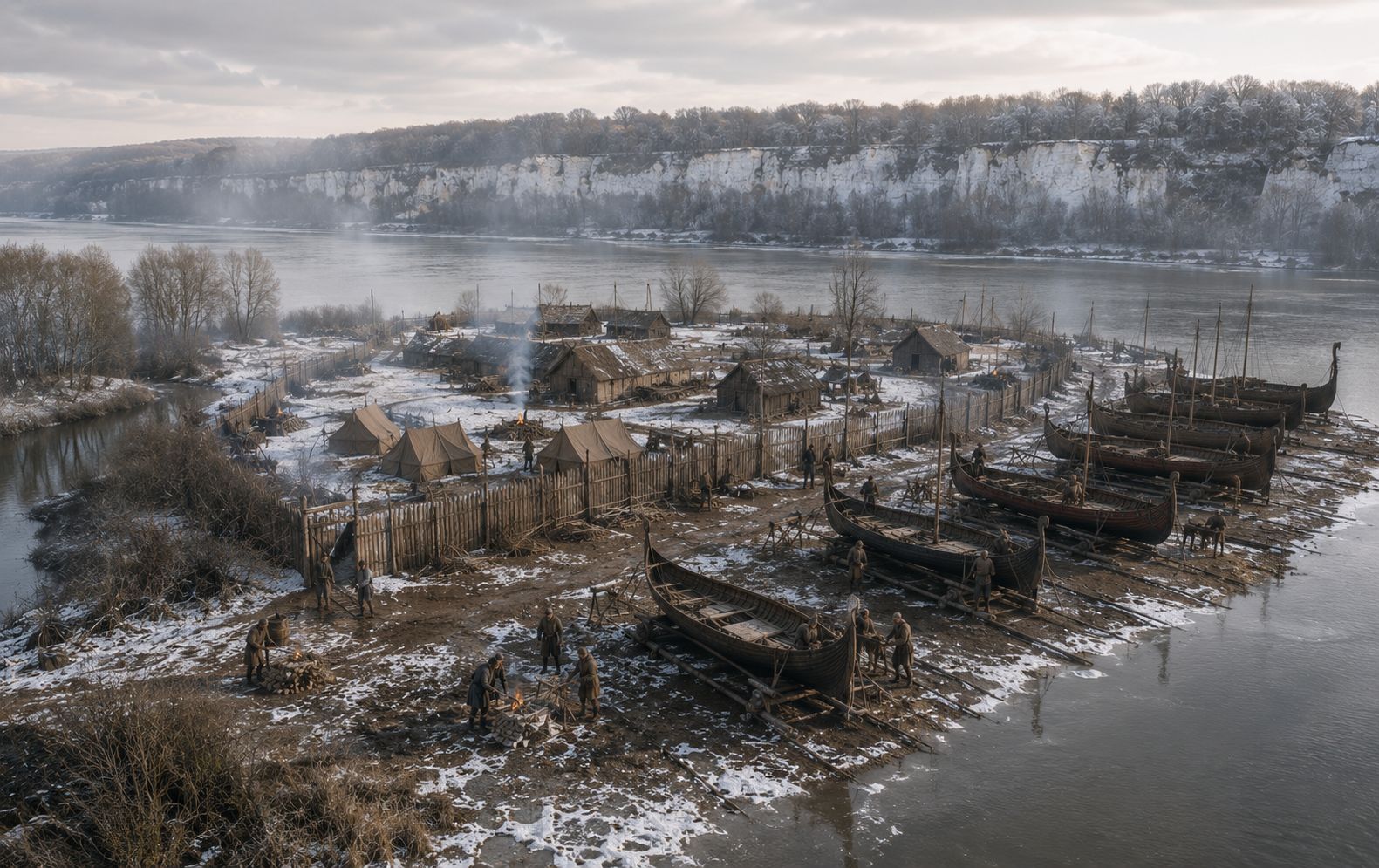 Camp d'hivernage viking sur l'île de Jeufosse : navires tirés au sec, cabanes, feux et palissade sous la neige