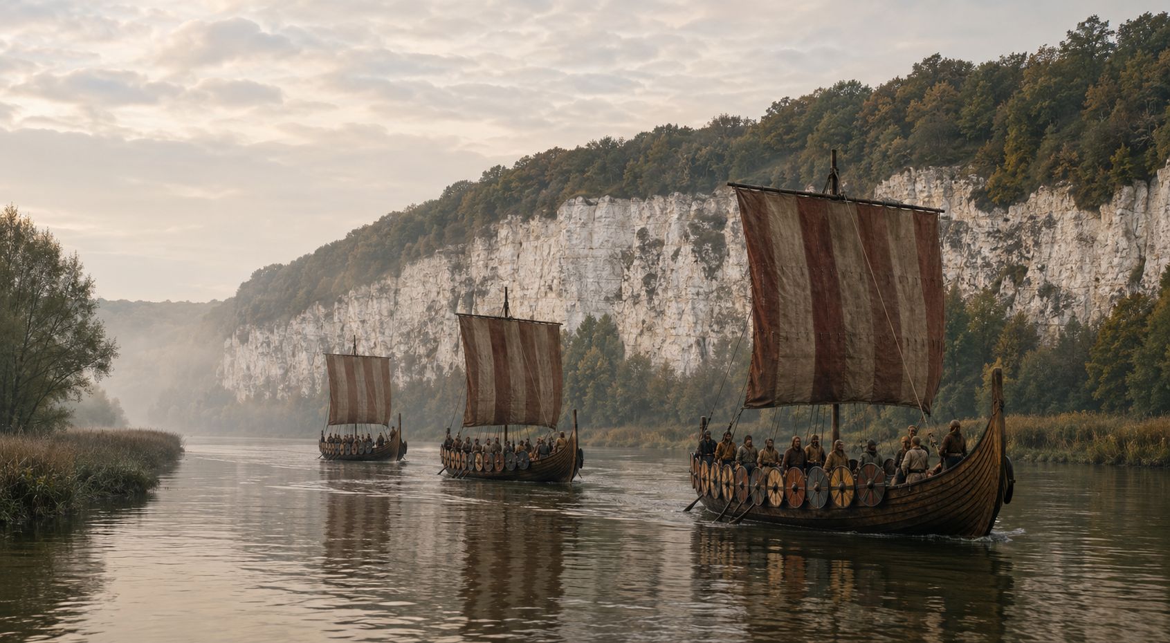 Flotte de navires vikings remontant la Seine sous la falaise de craie, vue depuis le promontoire
