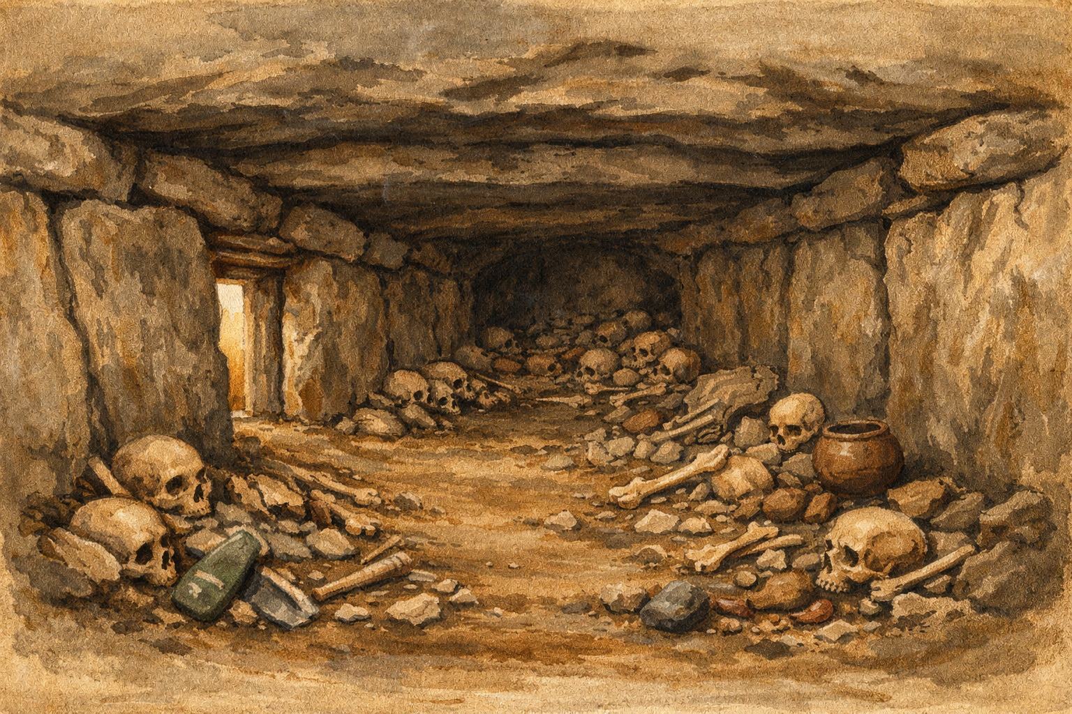 Intérieur d'une allée couverte néolithique avec squelettes et mobilier