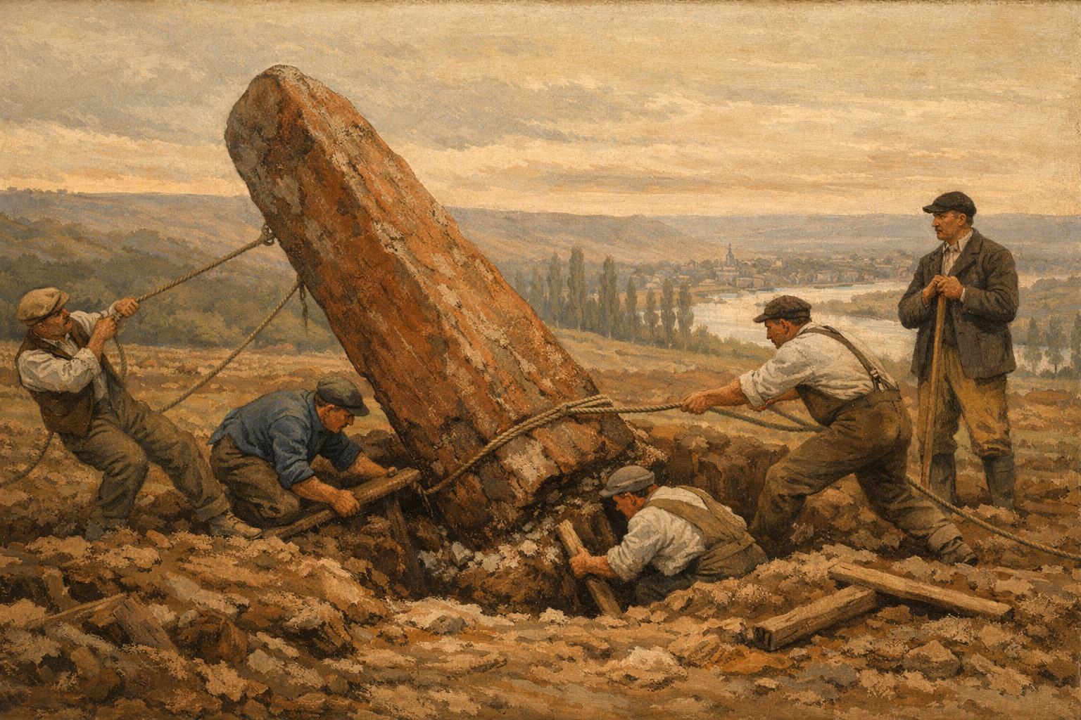 Destruction d'un monolithe de grès rouge près de Bennecourt vers 1889
