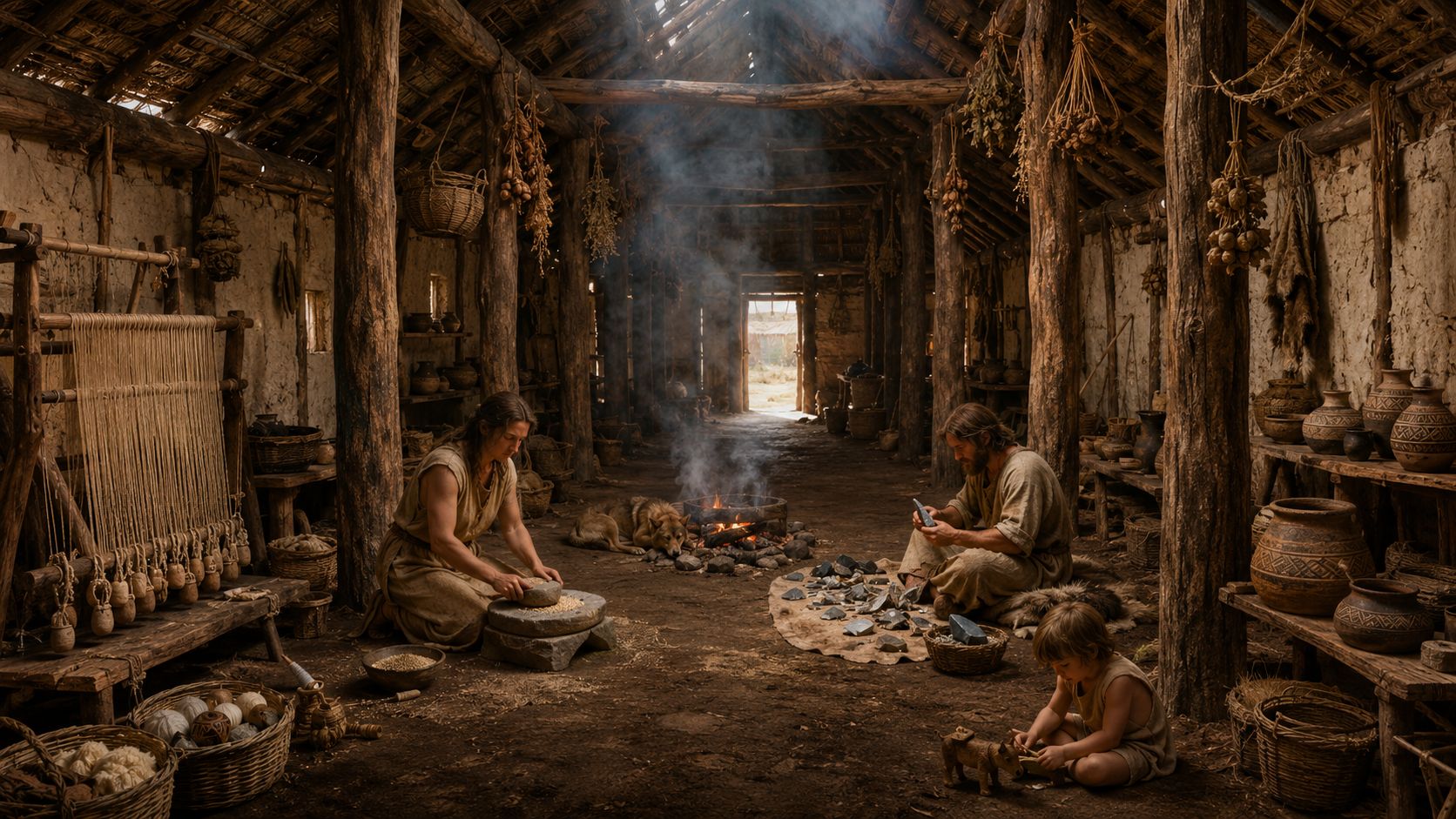 Intérieur reconstitué d'une maison longue du Néolithique ancien