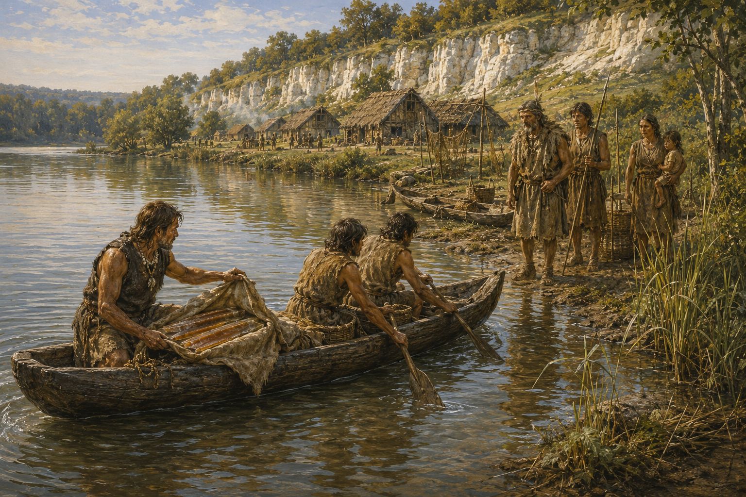 Marchand itinérant sur la Seine, pirogue chargée de lames de silex