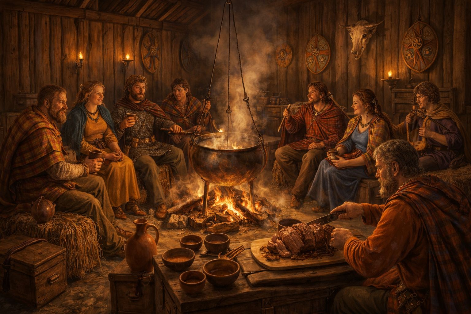 Reconstitution d'un banquet gaulois dans une longhouse