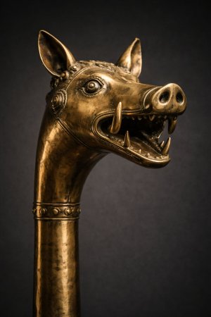 Reconstitution d'un carnyx — trompe de guerre gauloise à tête de sanglier (d'après Tintignac)