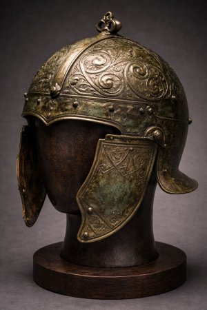 Casque gaulois en bronze orné de motifs repoussés, avec protège-joues