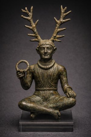 Figurine gallo-romaine en bronze de Cernunnos, le dieu cornu, assis en tailleur