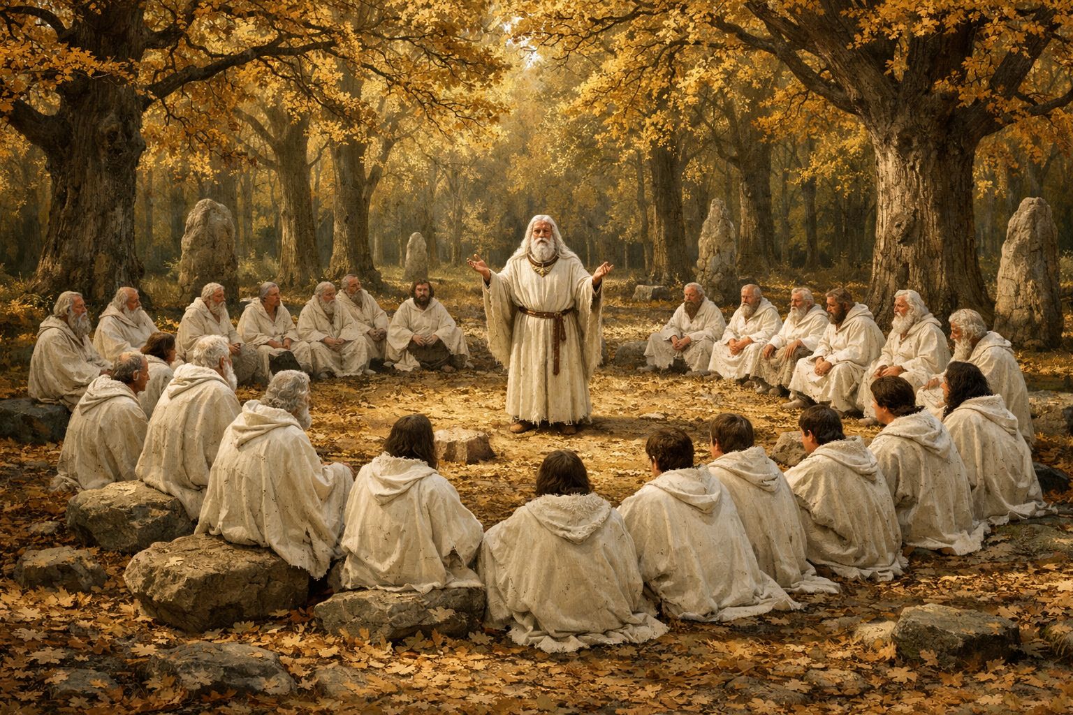 Reconstitution de l'assemblée annuelle des druides dans la forêt des Carnutes