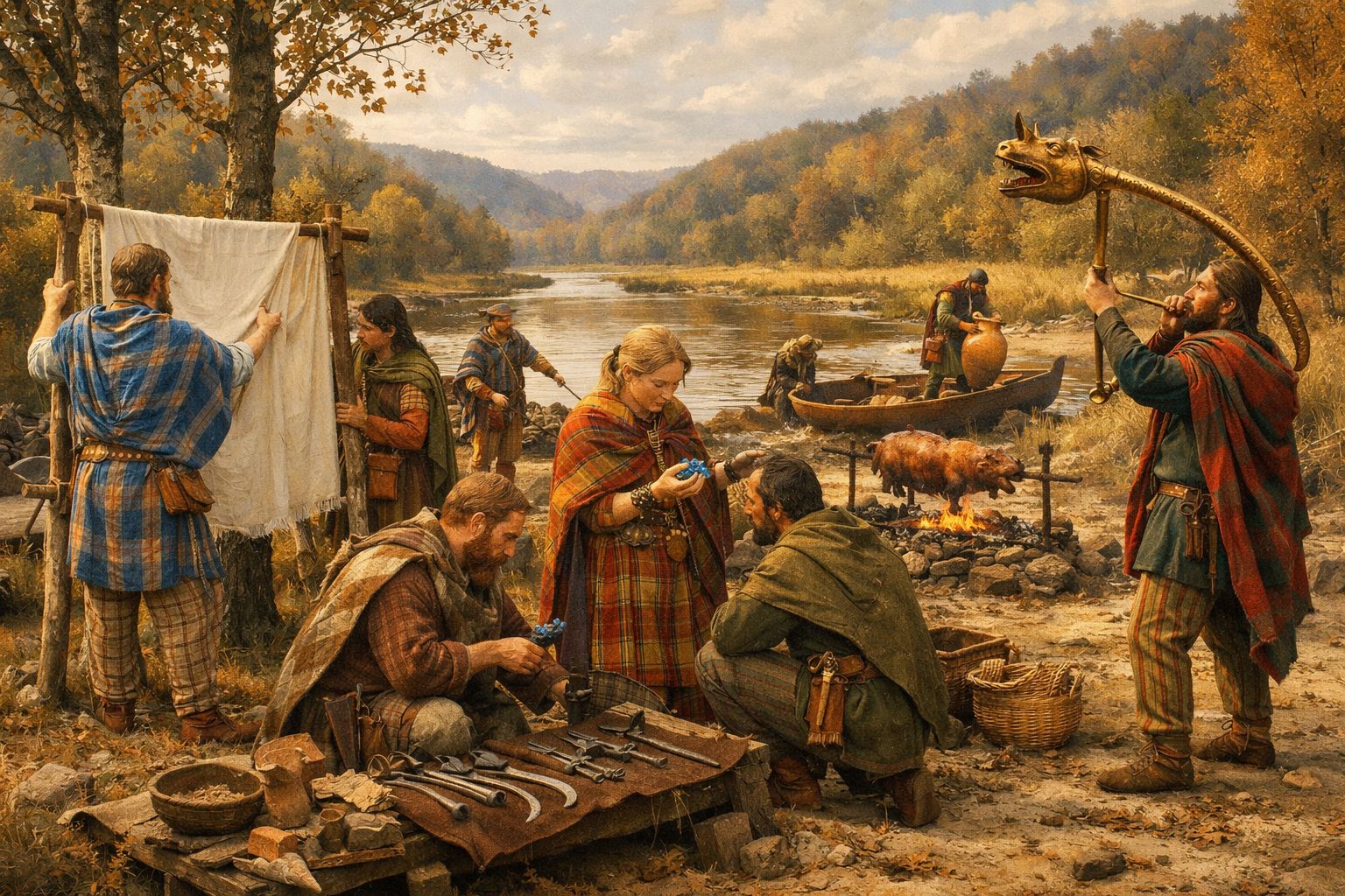 Reconstitution d'un marché gaulois au gué de l'Epte, avec des marchands de trois tribus différentes