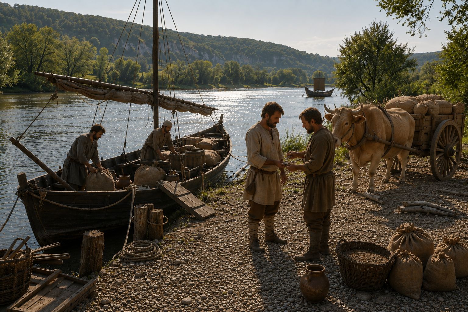 Barque marchande carolingienne accostée sur une grève de Seine, négoce du sel avec les villageois
