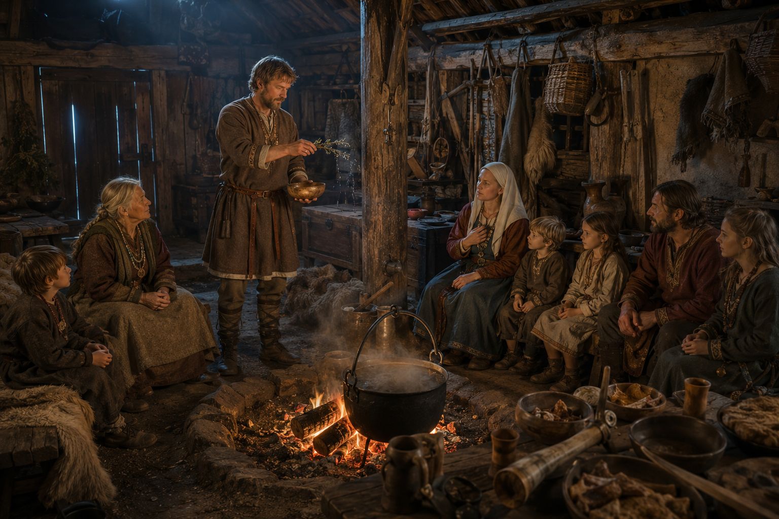 Blót domestique discret dans une ferme scandinave de Normandie, famille rassemblée autour du foyer
