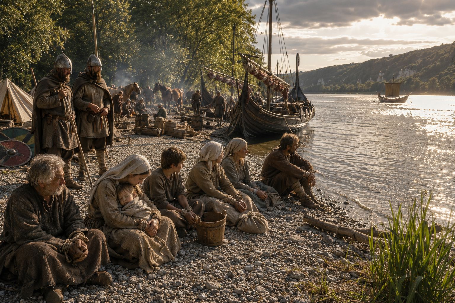 Captifs francs assis sur la grève de l'île de Jeufosse sous la garde de guerriers scandinaves