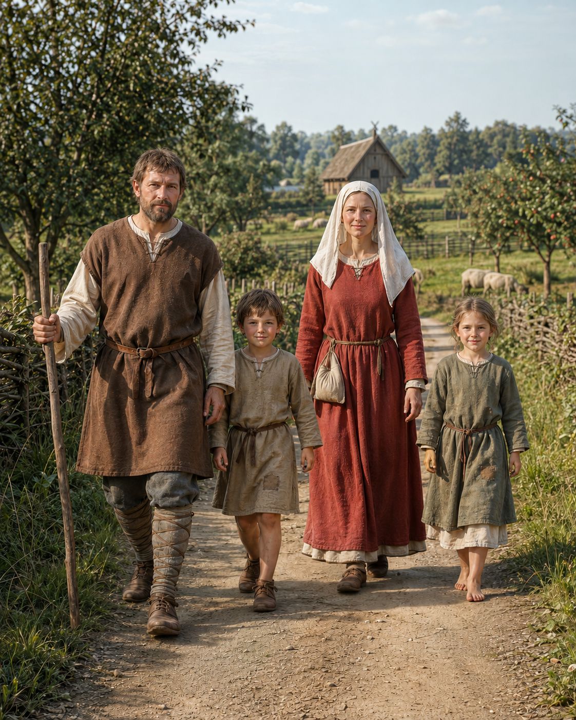 Famille paysanne carolingienne en habits du dimanche sur le chemin de l'église