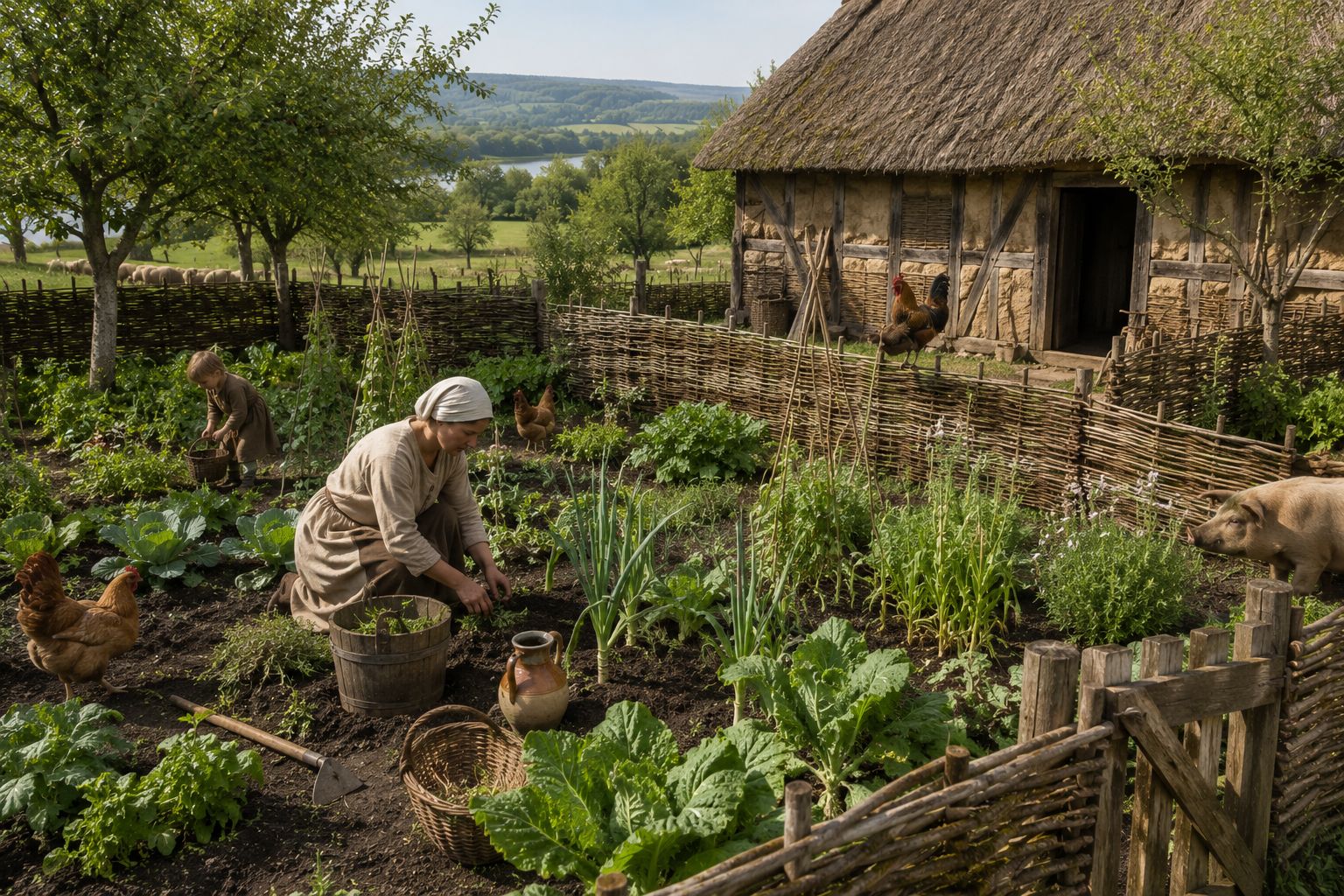 Jardin carolingien reconstitué avec carrés de légumes et de simples