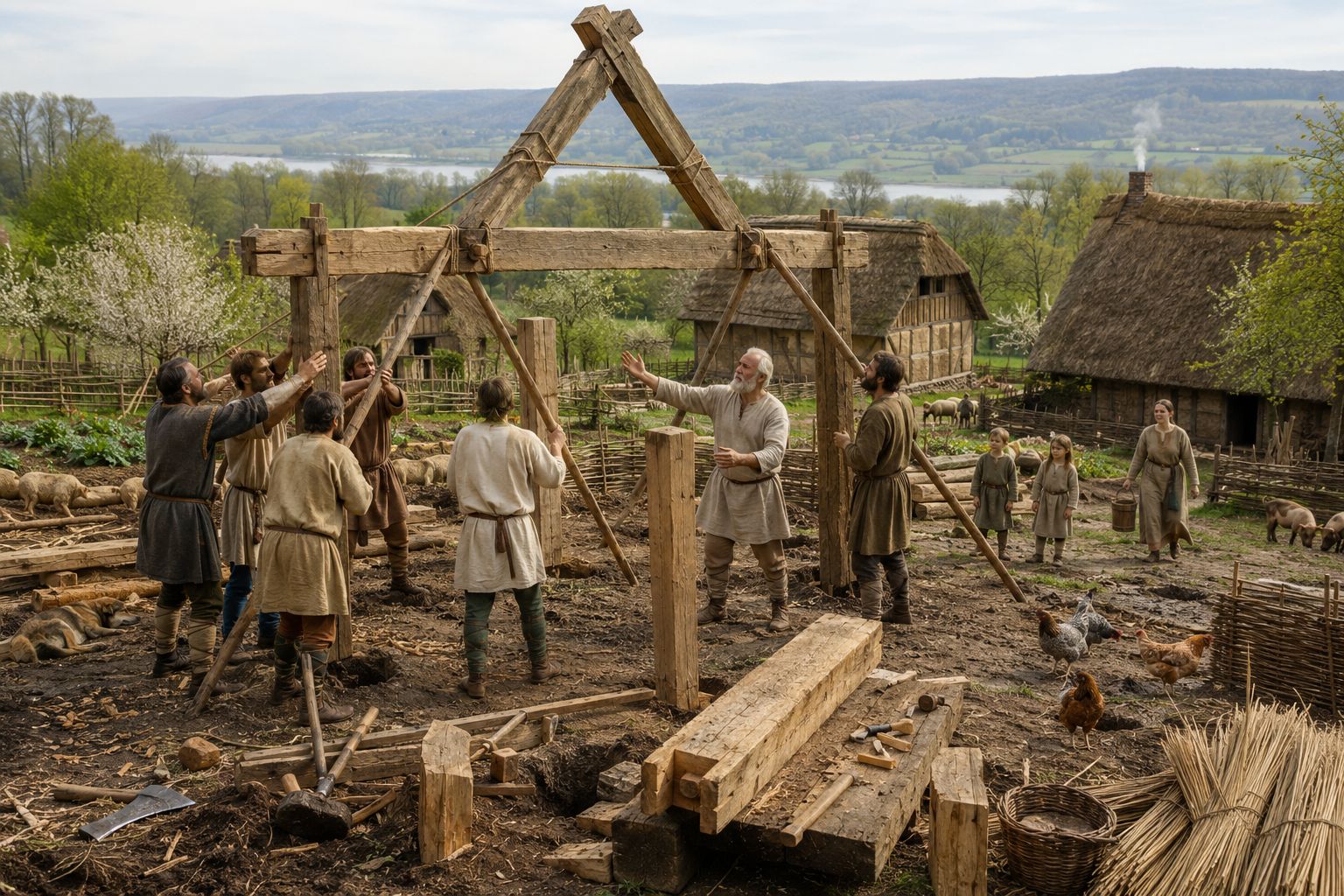 Construction d'une maison sur poteaux carolingienne, levée de la charpente de chêne