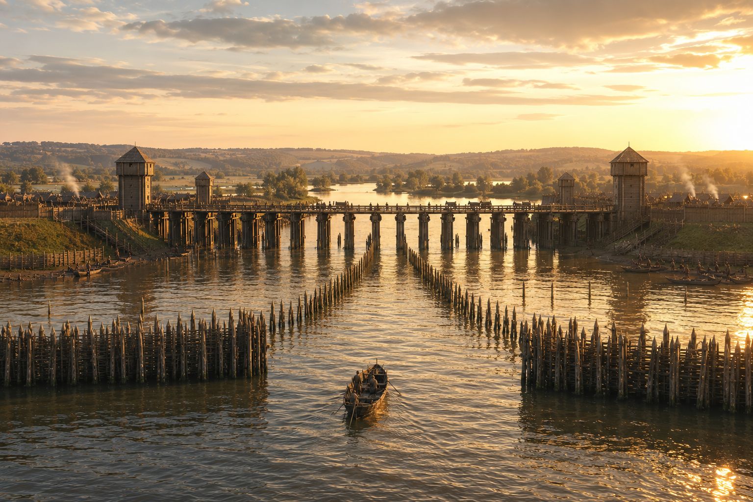 Pont fortifié carolingien barrant la Seine, avec ses deux têtes de pont palissadées, années 870