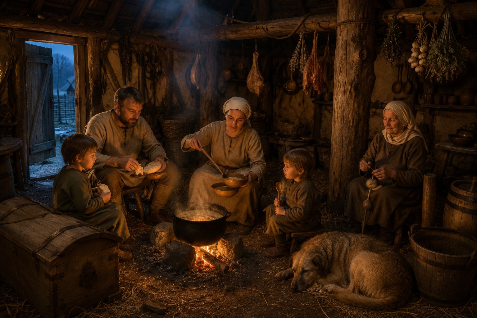 Intérieur d'une maison paysanne carolingienne, famille autour du foyer central un soir d'hiver