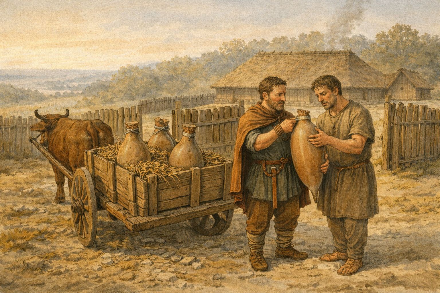 Marchand gaulois livrant des amphores de vin à une ferme du Vexin, vers 70 av. J.-C.