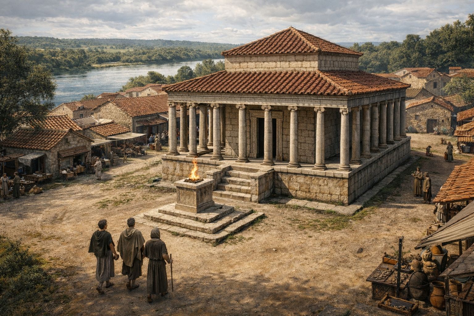 Reconstitution du fanum de Bonnières-les-Guinets, temple gallo-romain avec galerie à colonnes