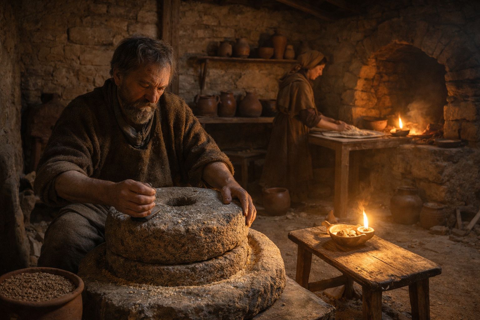 Reconstitution d'un paysan gallo-romain broyant le grain avec une meule rotative