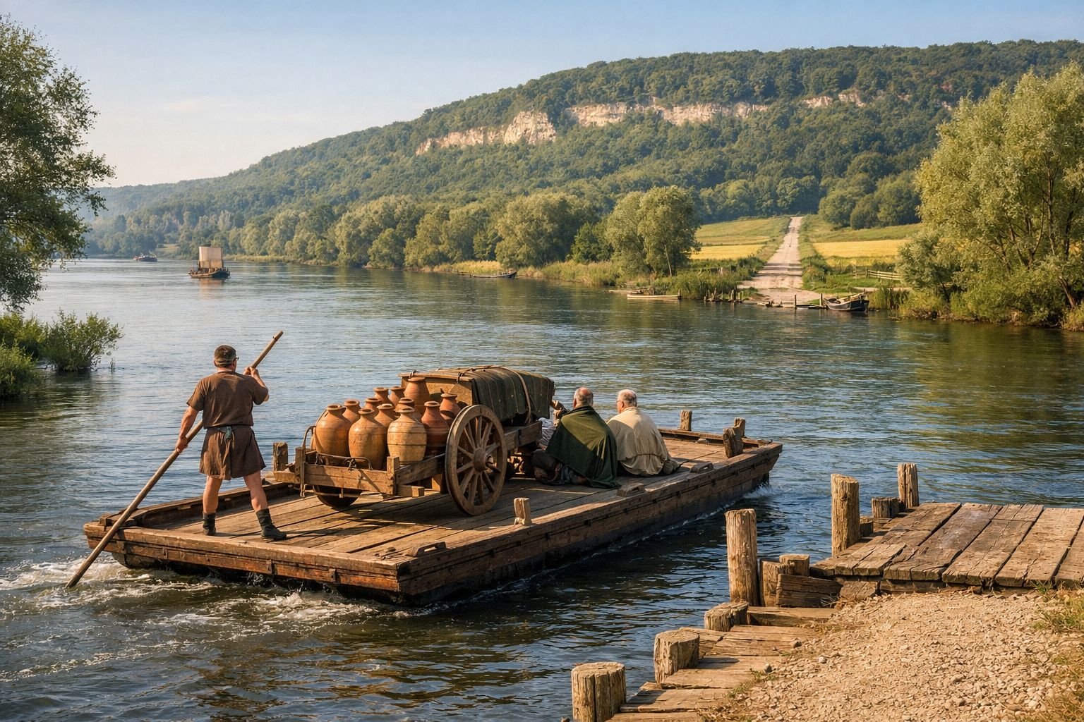 Reconstitution d'un bac de nautae partant du port de Gloton pour traverser la Seine à l'époque gallo-romaine