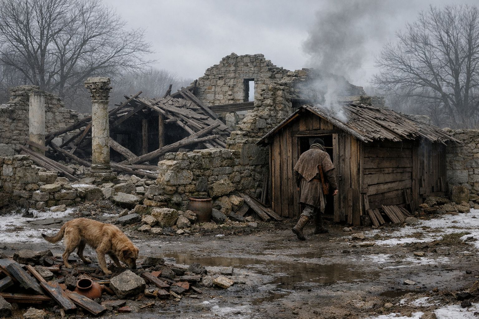 Reconstitution des ruines d'une villa gallo-romaine en hiver, fin du IVe siècle