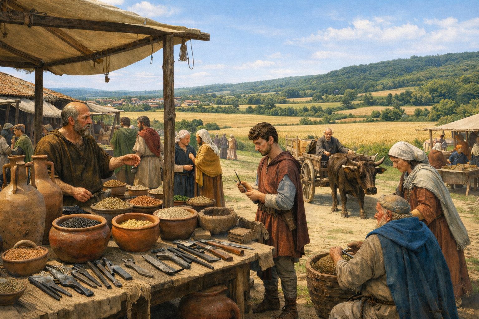 Scène de marché dans un bourg gallo-romain, bord de Seine