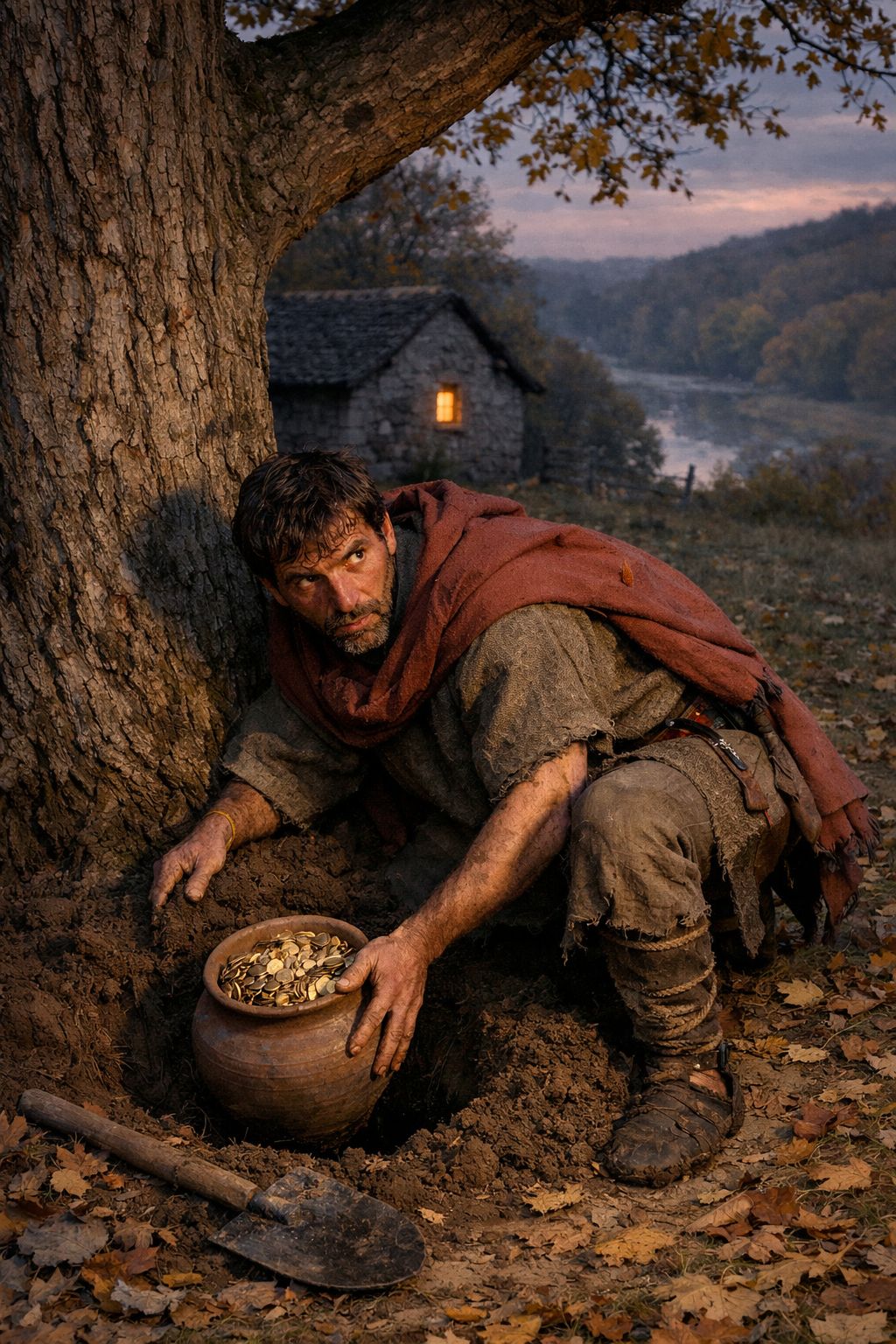 Scène d'enfouissement d'un trésor monétaire gallo-romain dans un pot de terre