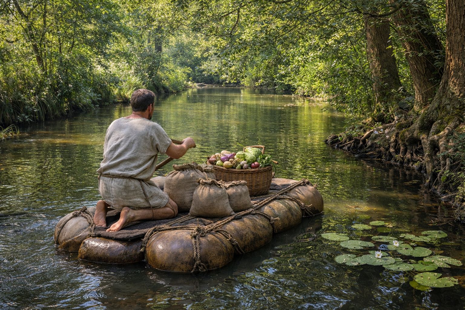 Reconstitution d'un utricularius transportant des denrées sur l'Epte à l'aide d'un radeau d'outres gonflées