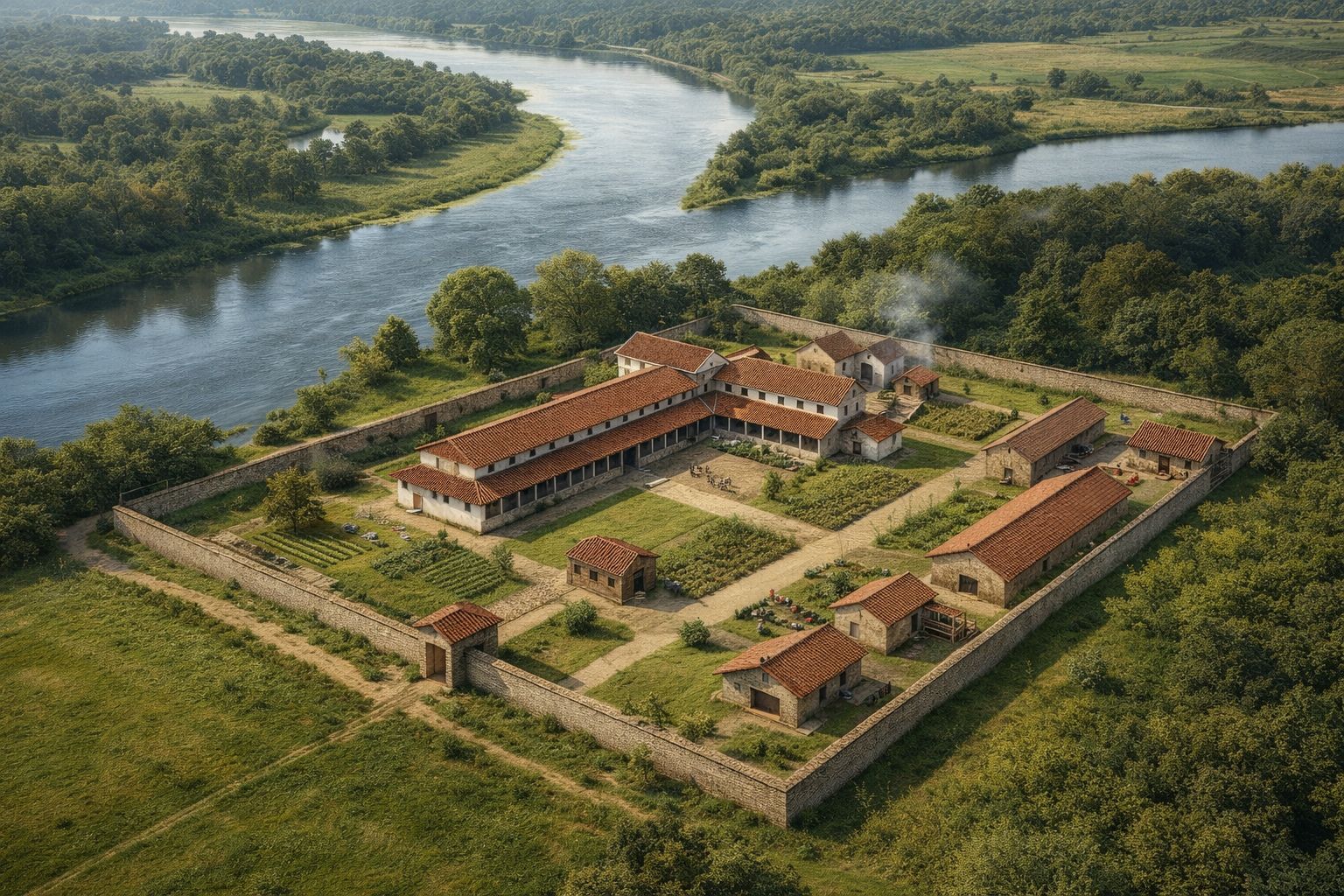 Reconstitution aérienne de la villa gallo-romaine de la Bosse-Marnière au confluent Seine-Epte