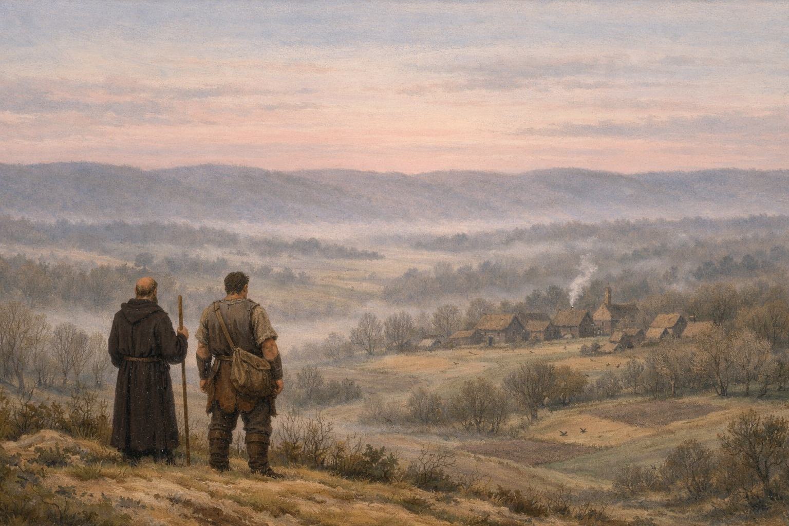 Le départ de Geoffroi et Sigebert à l'aube, montant vers le plateau